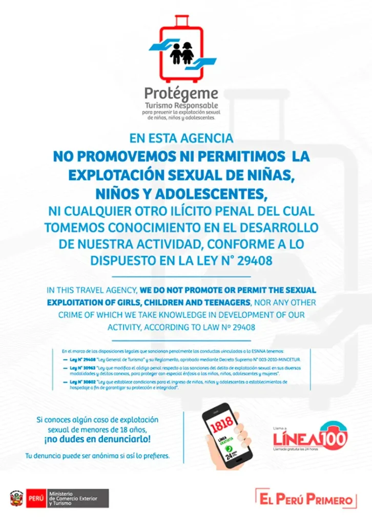 Official MINCETUR poster: at this agency we do not promote or permit the sexual exploitation of girls, boys, and adolescents, or any other criminal offense, in accordance with Law No. 29408. Free and anonymous reporting to Línea 1818 and Línea 100.