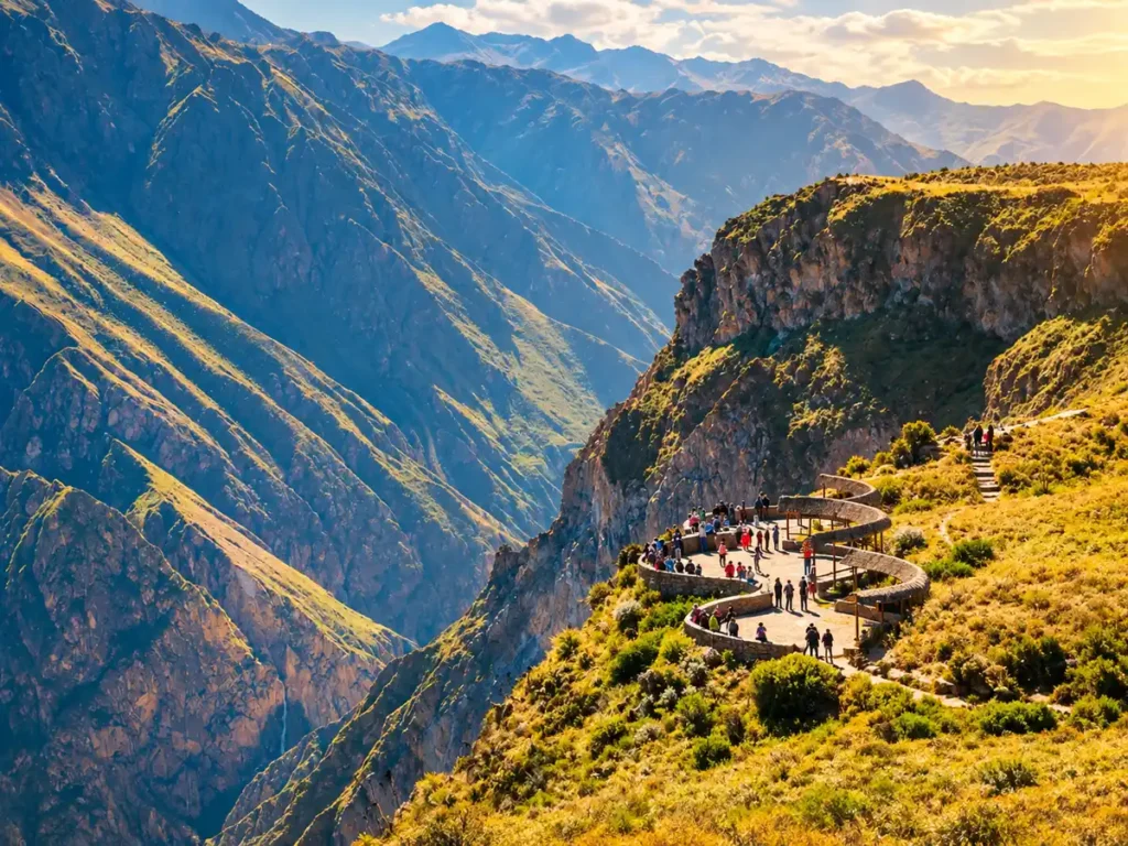 Andean condors flying over Colca Canyon near Cruz del Cóndor viewpoint