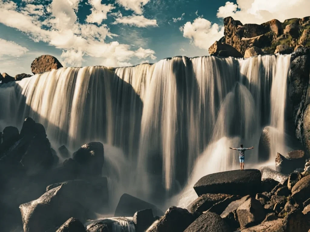 Pillones Waterfall surrounded by volcanic rock formations near Arequipa