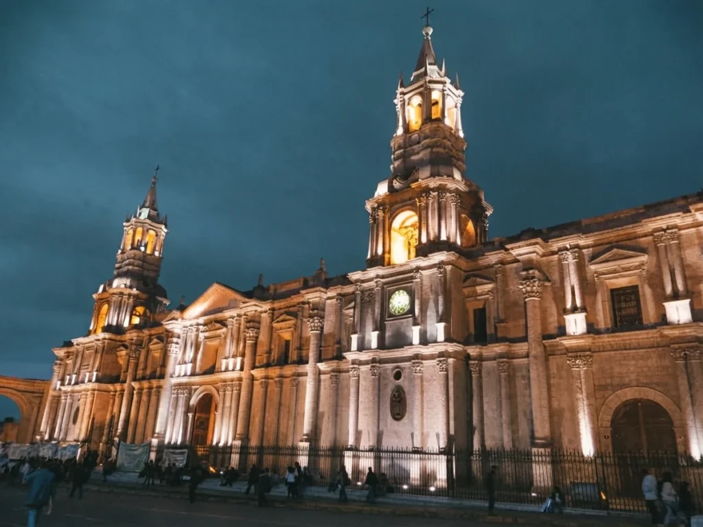 Historic white stone Cathedral of Arequipa in the Plaza de Armas