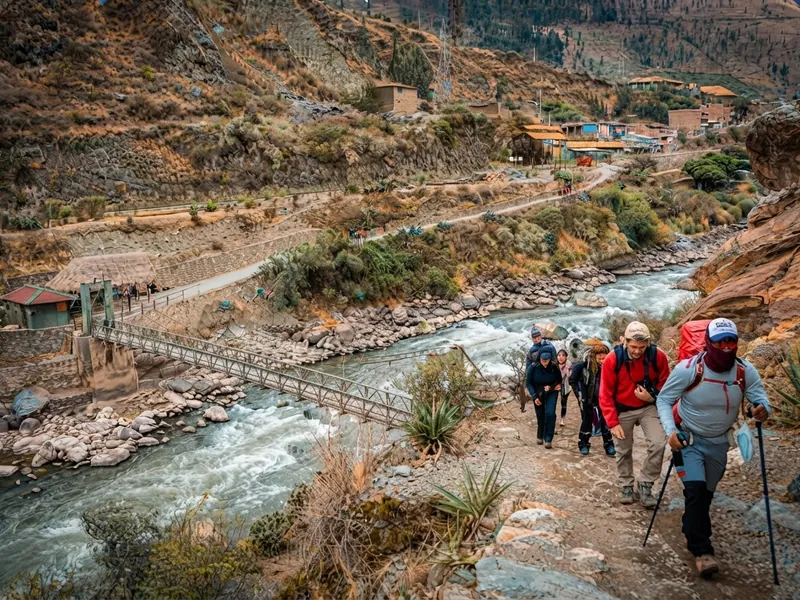 Hikers and porters at the Km 82 checkpoint ready to start the Inca Trail