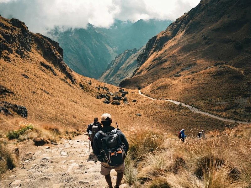 Trail winding down the valley towards Pacaymayo camp on the Inca Trail