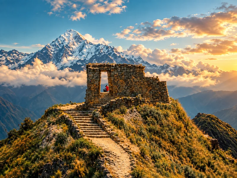 Machu Picchu citadel seen from the Sun Gate at sunrise in the morning mist