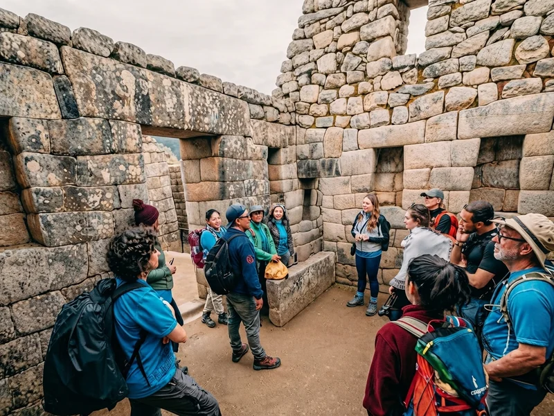 Tour group walking through the stone architecture and temples of Machu Picchu