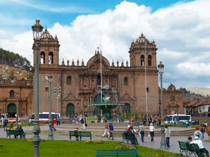 Cusco's Main Square with the Cathedral and its colonial arcades