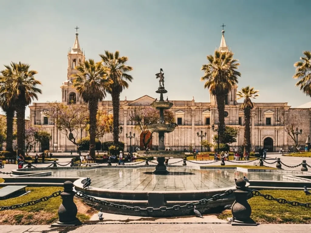 Plaza de Armas of Arequipa with the Cathedral and white stone colonial buildings