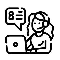 Icon representing customer service, a person with a laptop and chat bubble