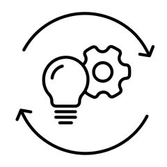 Icon representing innovation and continuous improvement, a lightbulb with a gear and arrows