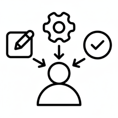 Icon representing responsibility, a person with gears and a checkmark