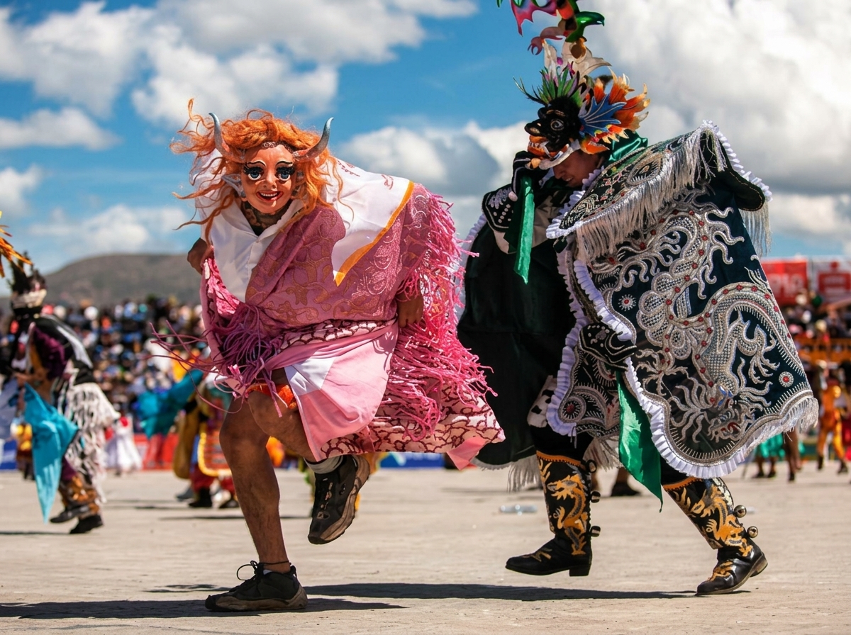 Masked dancers in embroidered capes and costumes performing at the Virgen de la Candelaria festival in Puno, Peru