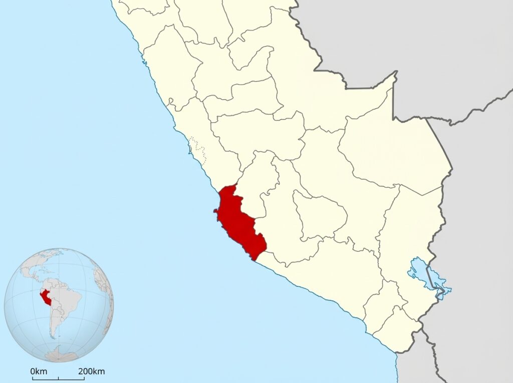 Map of Peru highlighting the Ica region in red, located on the southern coast of the country between Lima and Arequipa, facing the Pacific Ocean