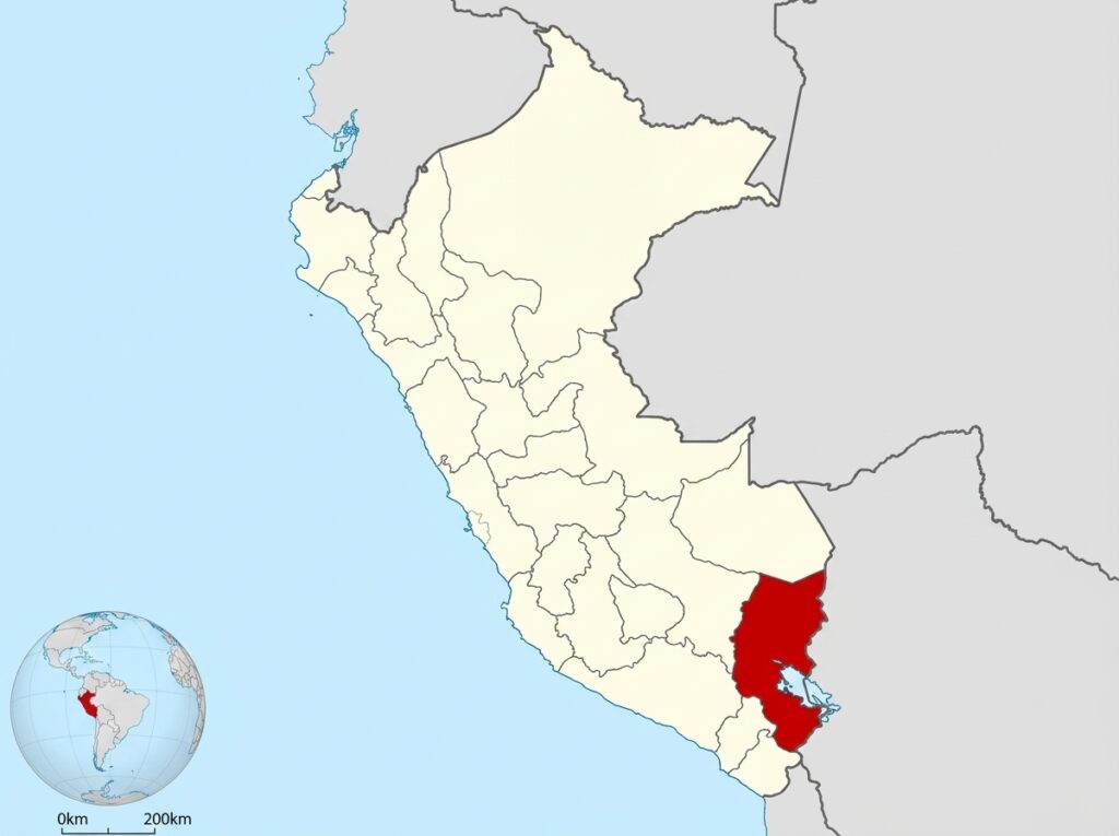 Map of Peru highlighting the Puno region in red, located in the southeast of the country on the western shore of Lake Titicaca along the border with Bolivia