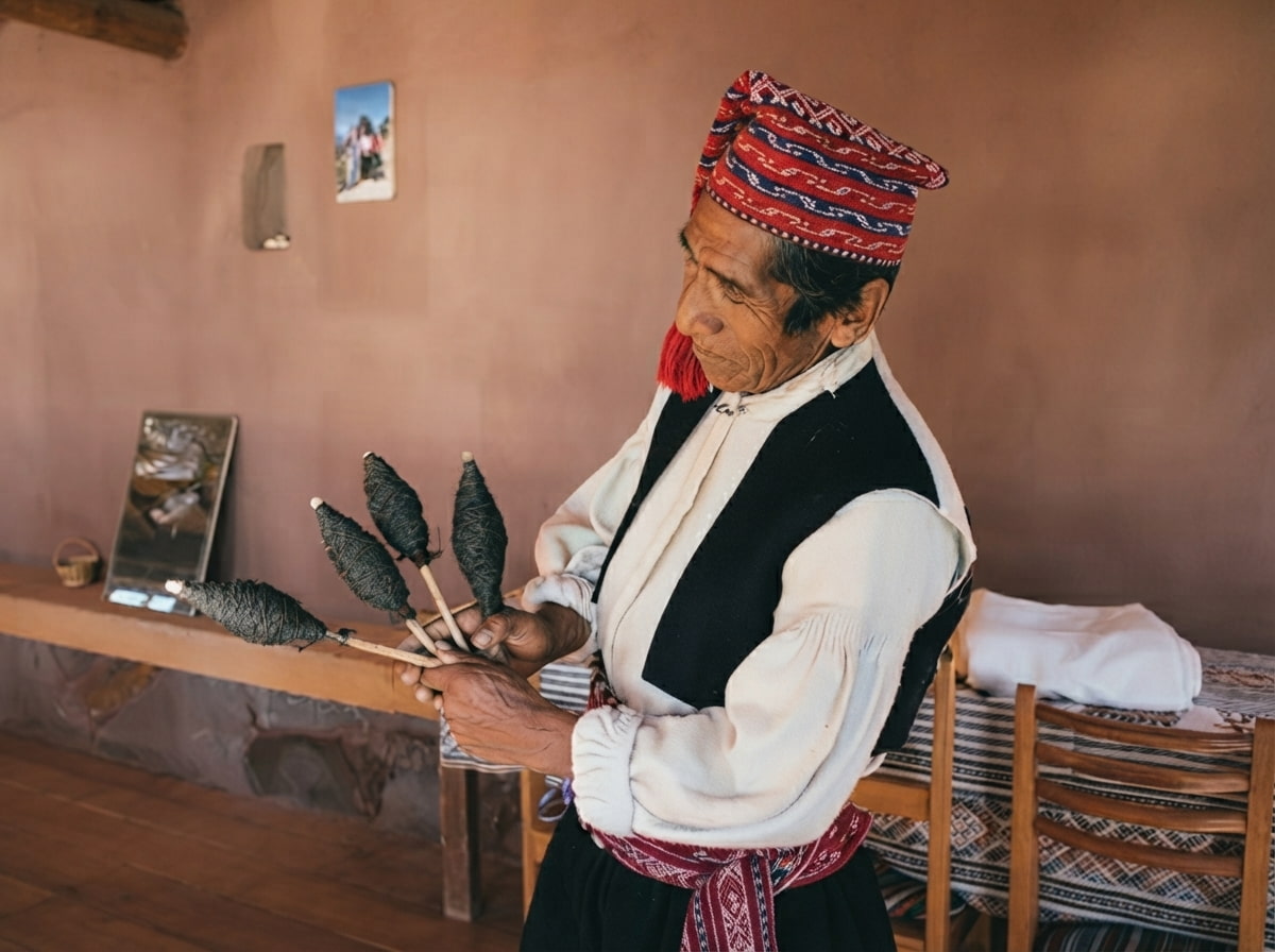 Anciano peruano enseñando a tejer