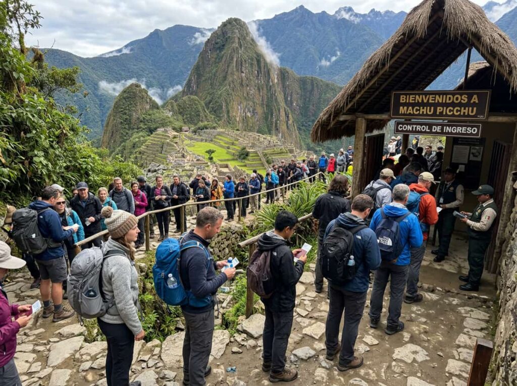 Turistas haciendo fila en la entrada de Machu Picchu para ingresar a la ciudadela inca.