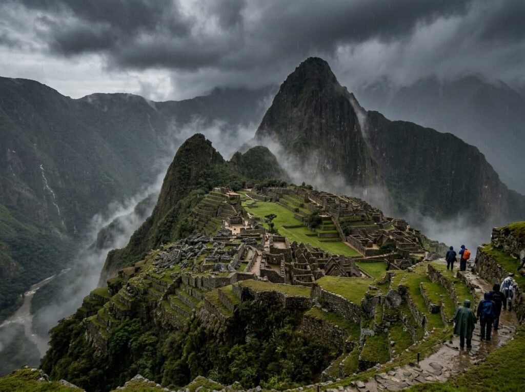 Machu Picchu cubierto por nubes y lluvia durante un día de mal tiempo.