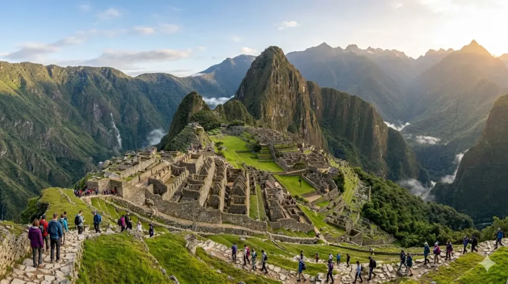 Vista panorámica de Machu Picchu durante el horario de ingreso de las 7:00 a. m.