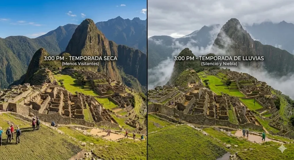 Comparación de Machu Picchu durante la temporada seca y la temporada de lluvias.