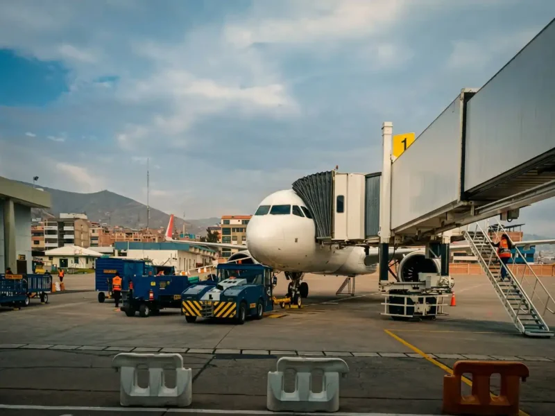 Avión conectado a la manga de embarque en el aeropuerto