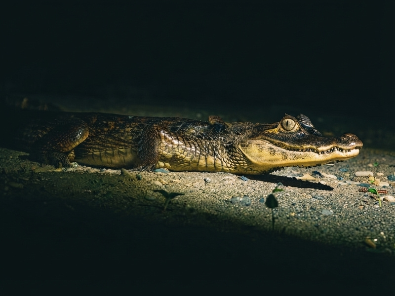 Reflejo de linterna buscando fauna nocturna en las orillas del río por la noche.