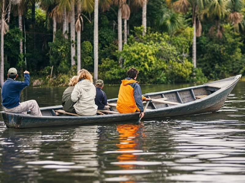 Turistas navegando en un bote a remo tradicional en las aguas del Lago Sandoval