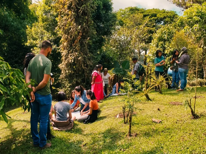 Guia mostrando hojas de plantas medicinales a un grupo de turistas en el jardin botanico