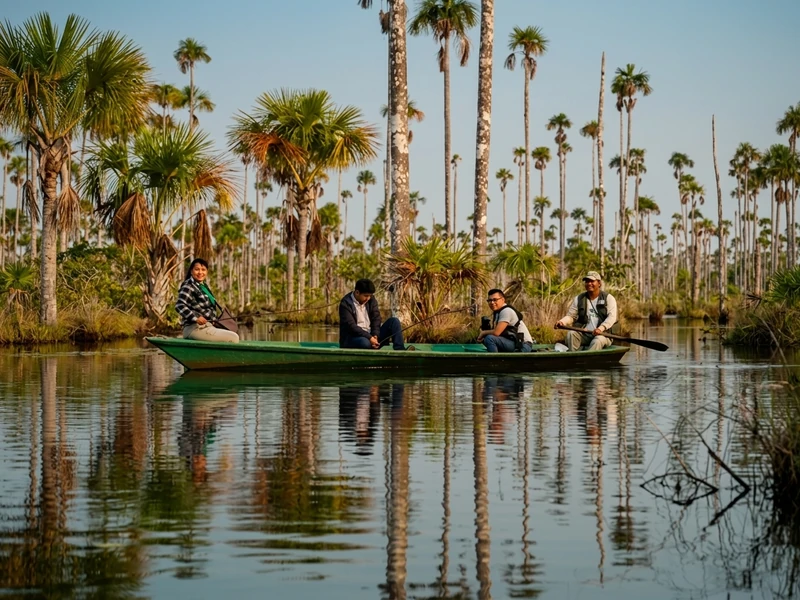 Canoa de madera navegando por el espejo de agua del Lago Sandoval rodeado de palmeras