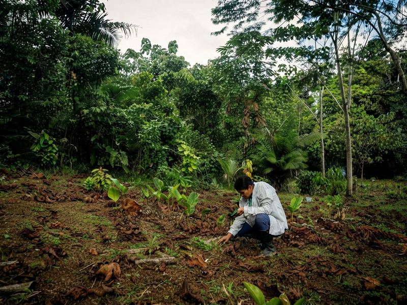 Guía mostrando plantas medicinales y vegetación exótica en el jardín botánico.