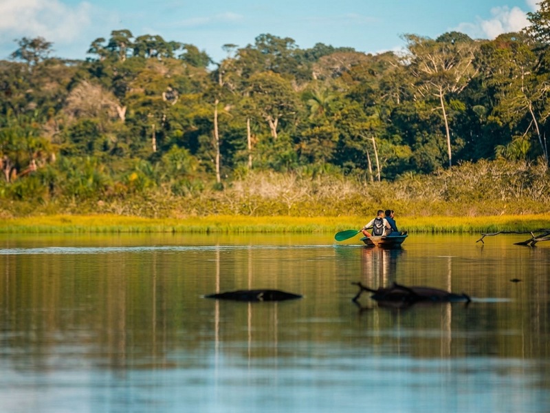 Bote con turistas navegando por el ancho río Madre de Dios rodeado de selva tropical.