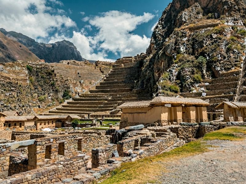 Imponente fortaleza de piedra de Ollantaytambo y acceso al tren hacia Aguas Calientes.