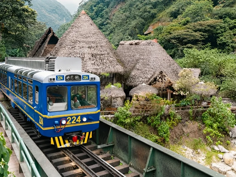 Tren turístico serpenteando por los paisajes del Valle Sagrado en la ruta a Aguas Calientes