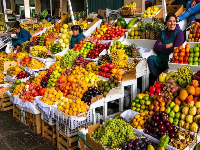 Puesto colorido de mercado local con frutas nativas peruanas como lúcuma, chirimoya y aguaymanto.