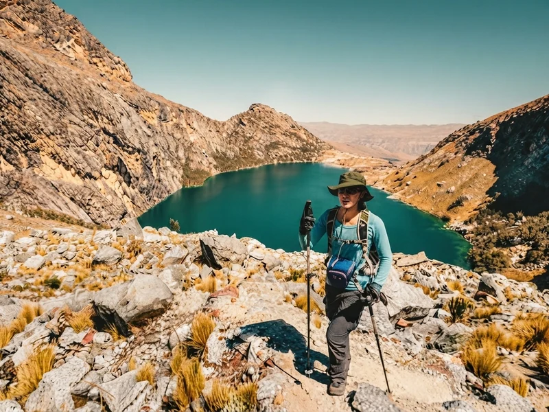 Senderistas escalando el tramo rocoso en la ruta de trekking hacia la Laguna Churup en Huaraz