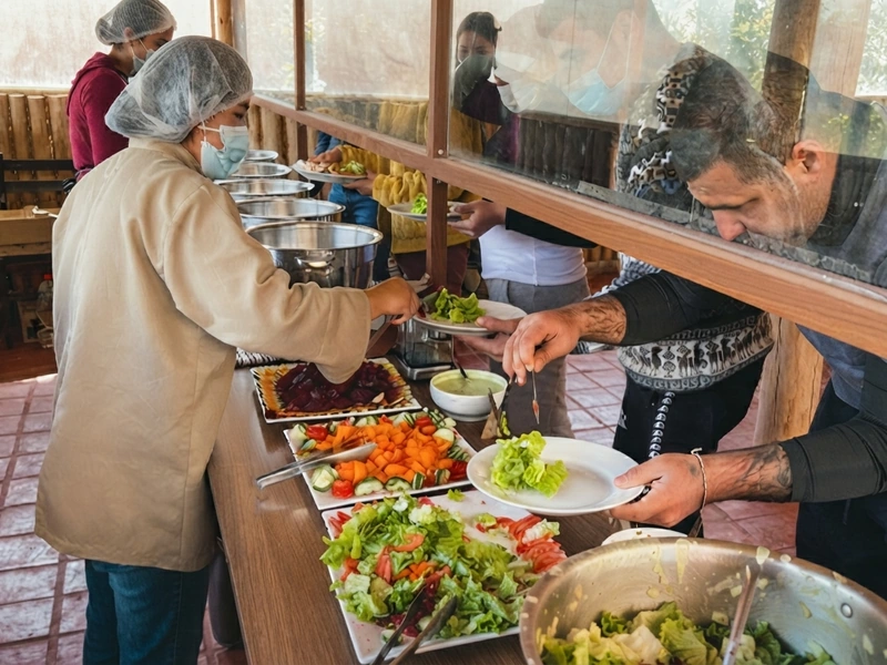Platos de comida local y turistas compartiendo un almuerzo en Cusipata tras la caminata a Vinicunca
