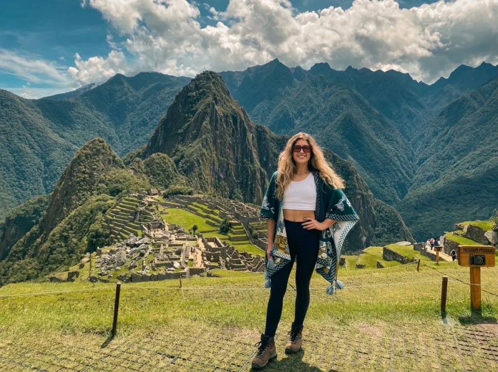 Turista disfrutando la vista panorámica de Machu Picchu