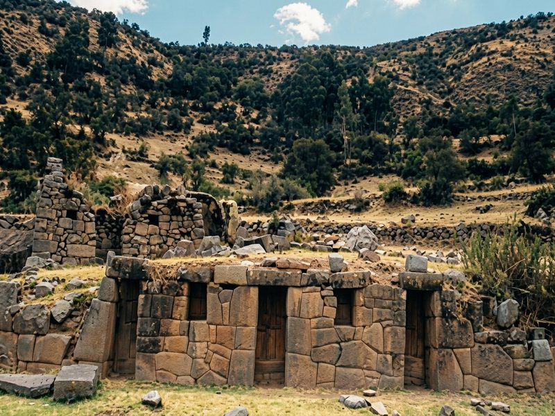 Muros incas de piedra finamente labrada con vista a la Laguna Pumacocha en Ayacucho.