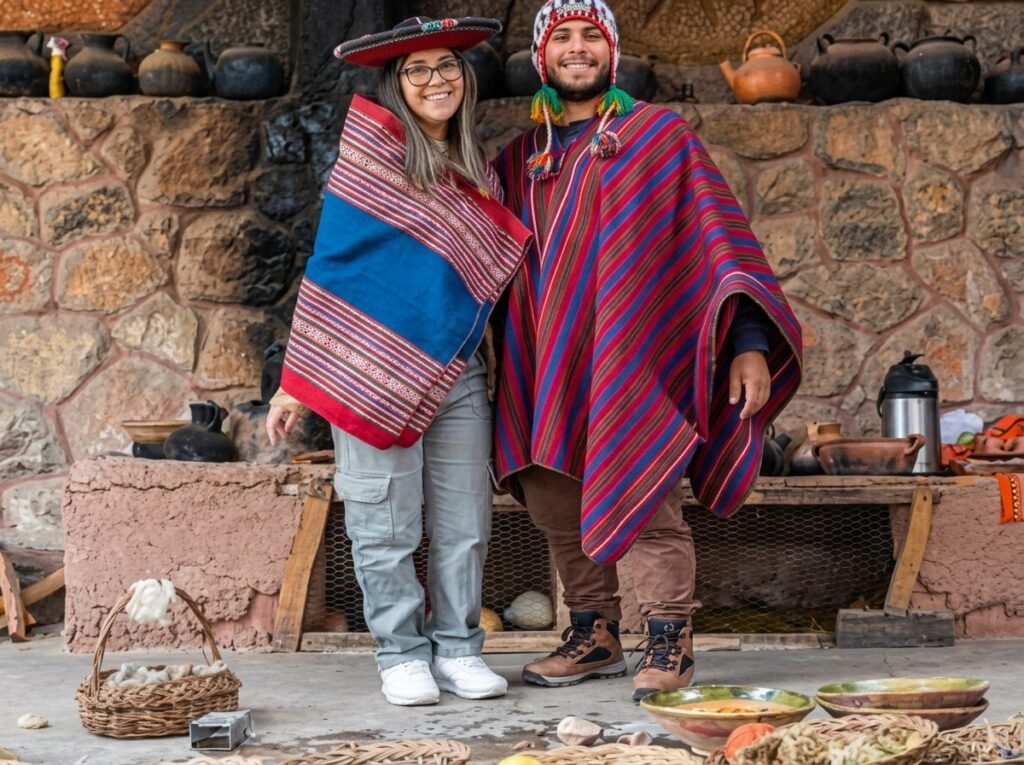 Viajeros con ponchos tradicionales en un centro textil de Chinchero