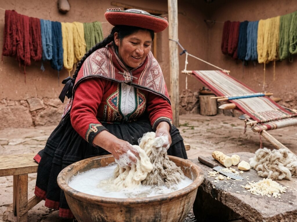 Tejedora lavando lana con raíz de saqta, uno de los primeros pasos del arte textil inca