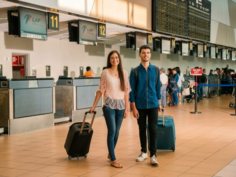 Guía de turismo recibiendo sonriente a viajeros con equipaje en la zona de llegadas del aeropuerto de Lima.
