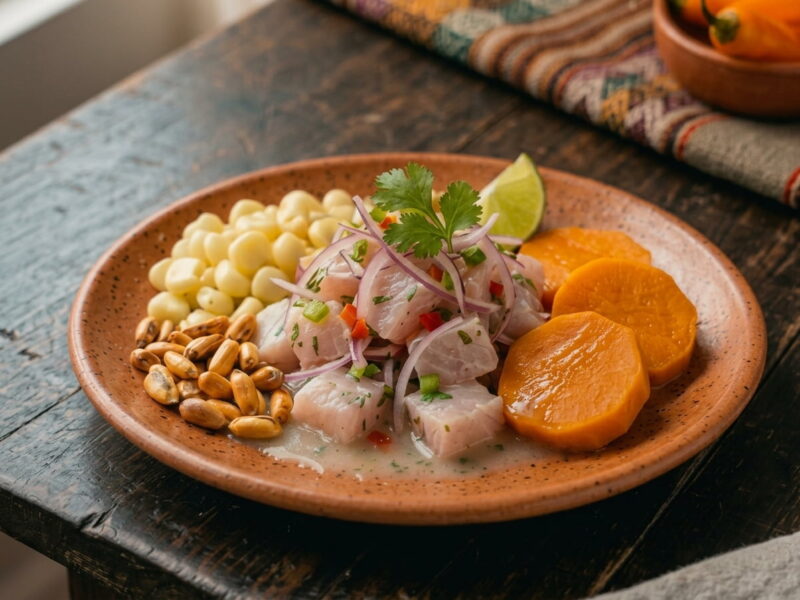 Mesa servida con plato fresco de ceviche peruano tradicional decorado con camote y choclo en Lima.