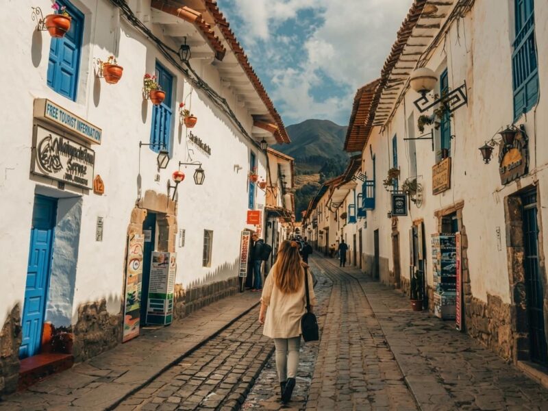 Turistas caminando por una estrecha calle empedrada decorada con fachadas blancas en San Blas Cusco.