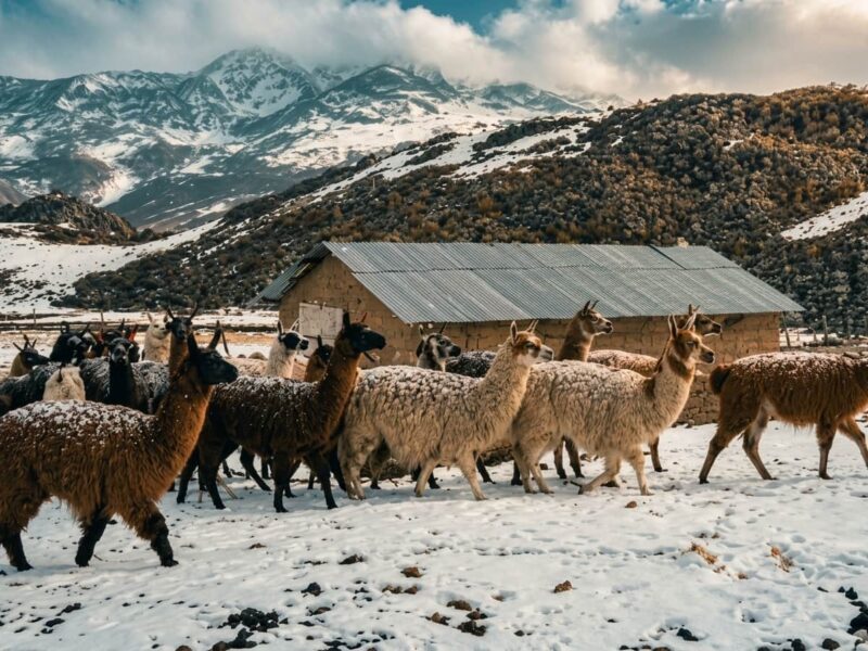 Rebaño de alpacas pastando en la pradera andina con majestuosos nevados de la cordillera al fondo.