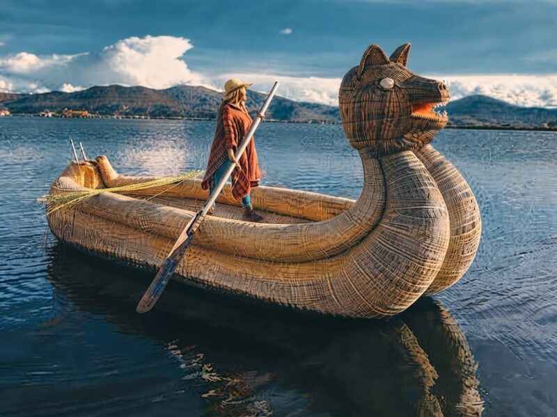 Embarcación tradicional de totora (caballito/balsa) con una pobladora en la isla flotante de los Uros.
