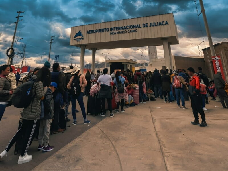 Fachada terminal del Aeropuerto de Juliaca con pasajeros ingresando con su equipaje.
