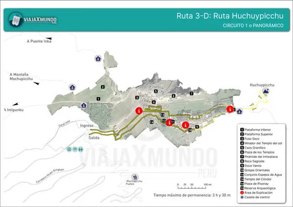 Mapa de la Ruta 3-D Huchuypicchu en Machu Picchu, con el recorrido marcado en amarillo, áreas de explicación y tiempo máximo de permanencia