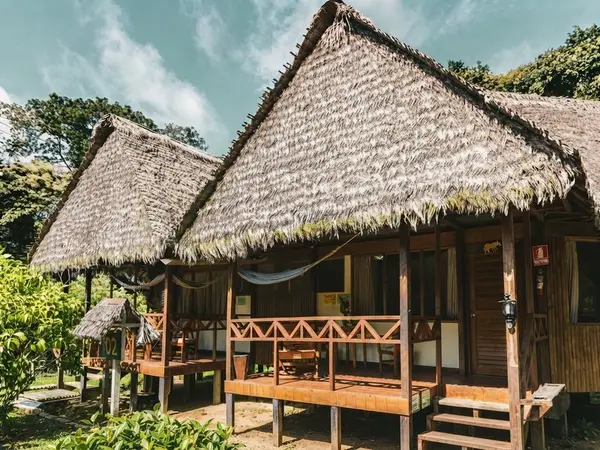 Bungalós de madera con techo de hoja de palma y terrazas con hamacas en un lodge de la selva de Tambopata