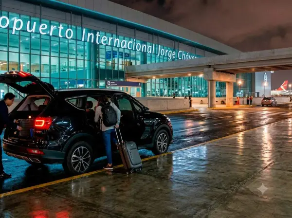 Viajeros cargando maletas en una camioneta frente a la terminal del Aeropuerto Internacional Jorge Chávez de Lima, de noche
