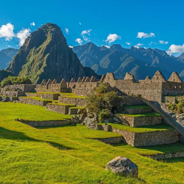 View from Machu Picchu Mountain over the citadel and valley