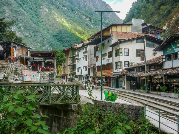 Aguas Calientes, the town at the foot of Machu Picchu, with the railway running between the hotels