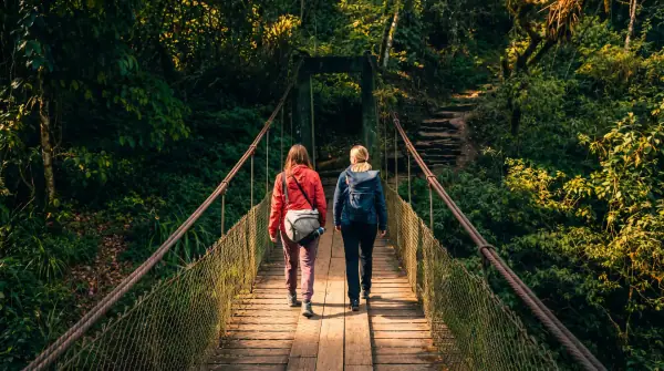 Two hikers crossing a wooden suspension bridge in the cloud forest on the Inca Trail to Machu Picchu