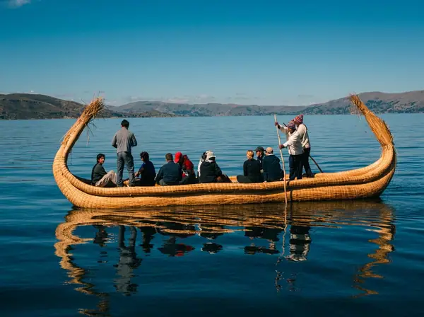 Tourist boat crossing Lake Titicaca from Puerto Titicaca towards the Uros Chimu floating islands in Puno